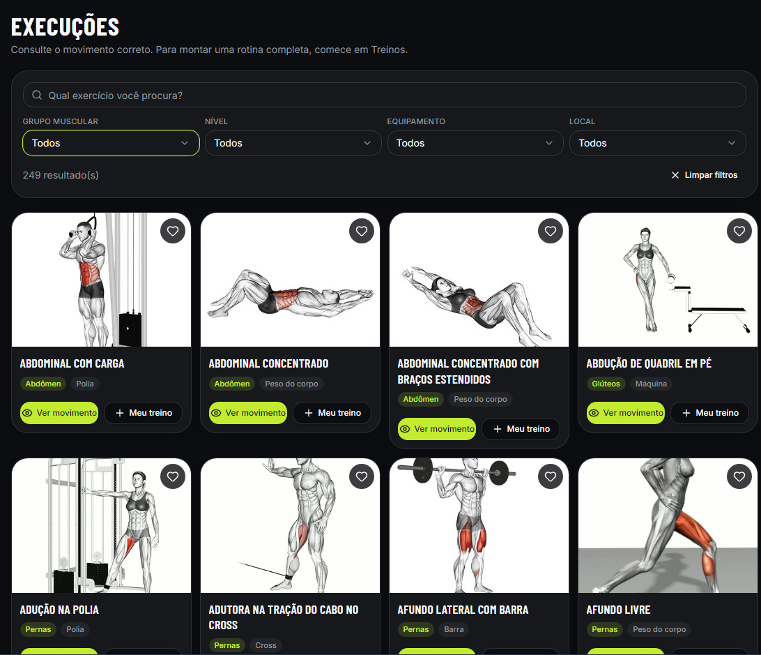 Tela real do ForgeFit com exercícios, séries, repetições e descanso